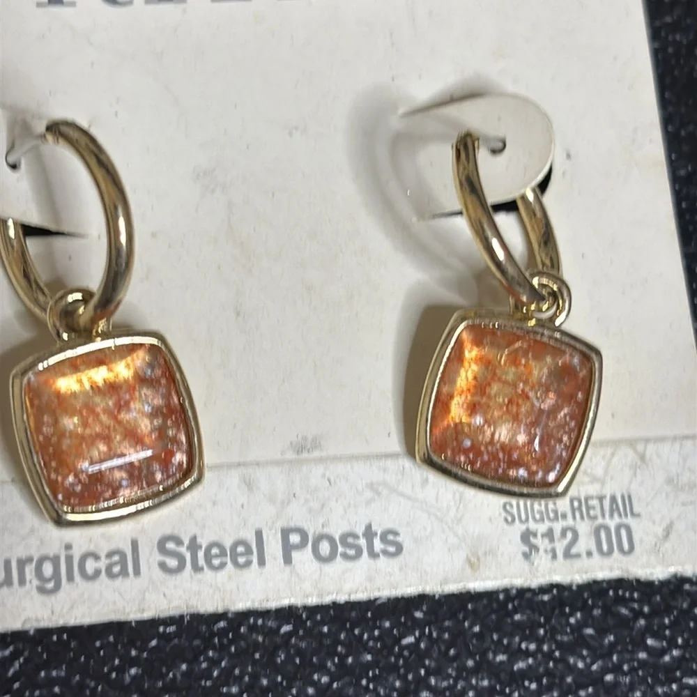NWT Trifari Surgical Steel Posts Dangle Small Hoop Square Earrings